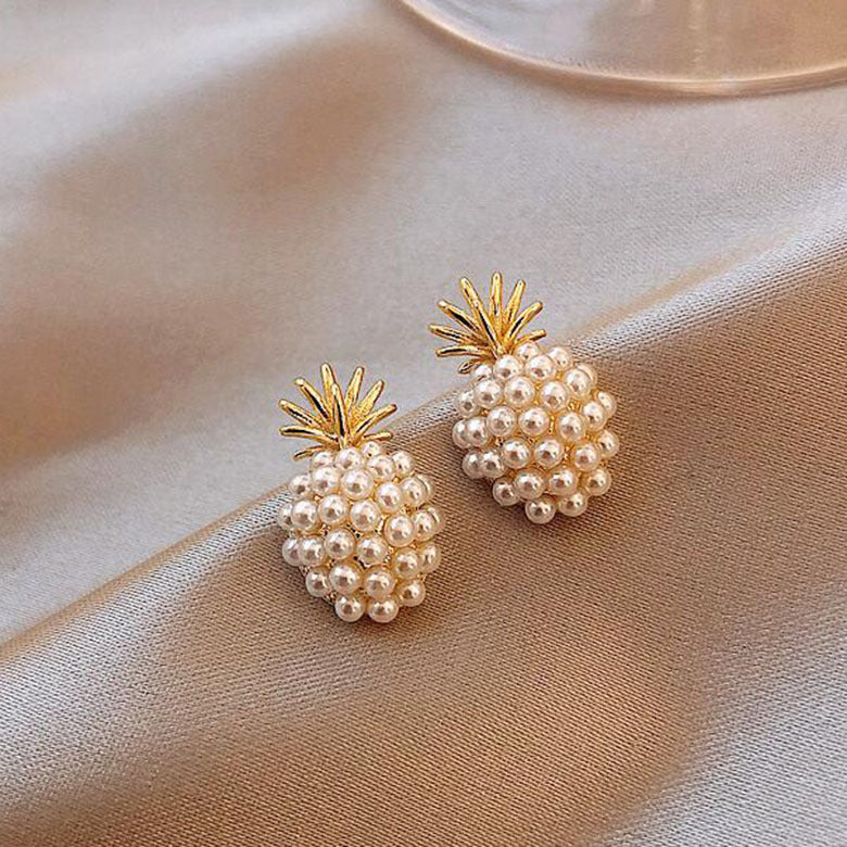 1 Pair Pineapple Alloy Inlay Pearl Gold Plated Earrings for Women