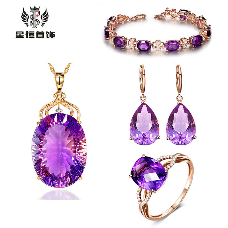 Fashion Water Droplet Crystal Necklace and Jewelry Set with Purple Gemstone Accessories