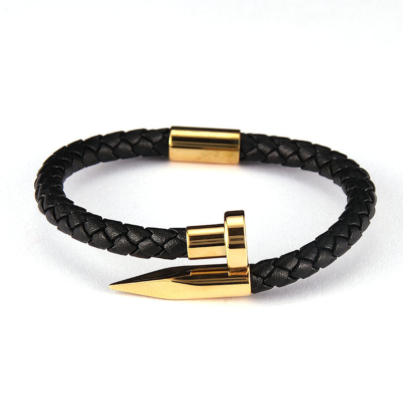 Stainless Steel Roman Alphabet Box & Nail Design Woven Leather Bracelet Set for Men