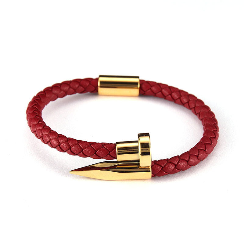 Stainless Steel Roman Alphabet Box & Nail Design Woven Leather Bracelet Set for Men