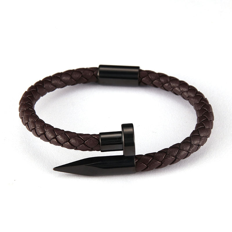Stainless Steel Roman Alphabet Box & Nail Design Woven Leather Bracelet Set for Men