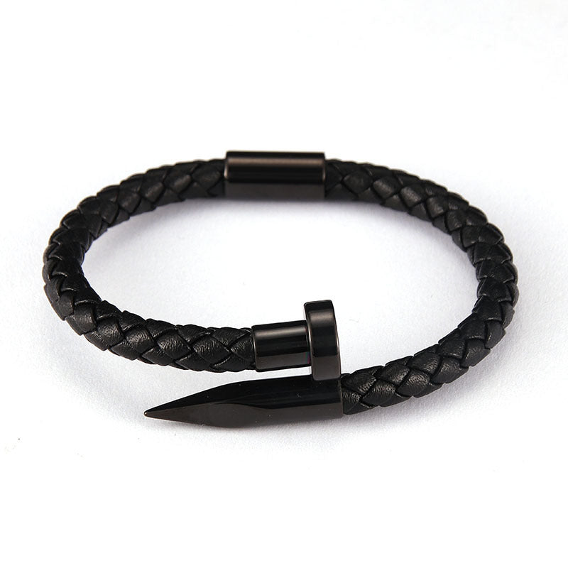 Stainless Steel Roman Alphabet Box & Nail Design Woven Leather Bracelet Set for Men
