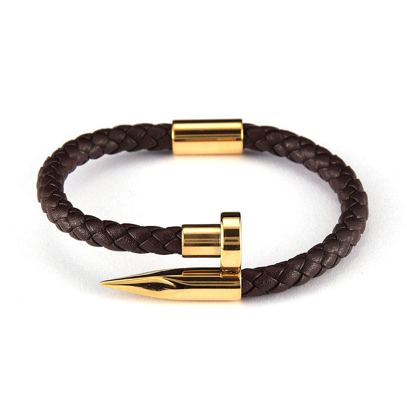 Stainless Steel Roman Alphabet Box & Nail Design Woven Leather Bracelet Set for Men