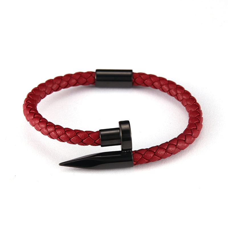 Stainless Steel Roman Alphabet Box & Nail Design Woven Leather Bracelet Set for Men