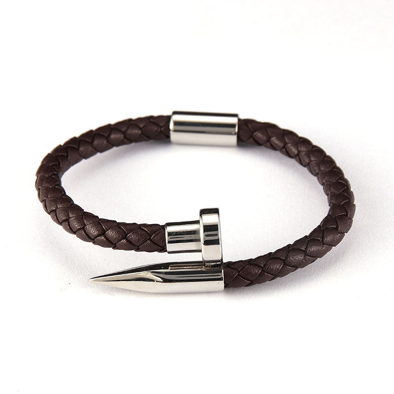 Stainless Steel Roman Alphabet Box & Nail Design Woven Leather Bracelet Set for Men