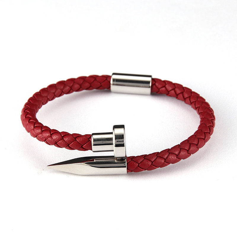 Stainless Steel Roman Alphabet Box & Nail Design Woven Leather Bracelet Set for Men