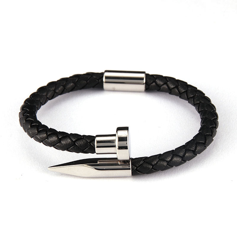 Stainless Steel Roman Alphabet Box & Nail Design Woven Leather Bracelet Set for Men