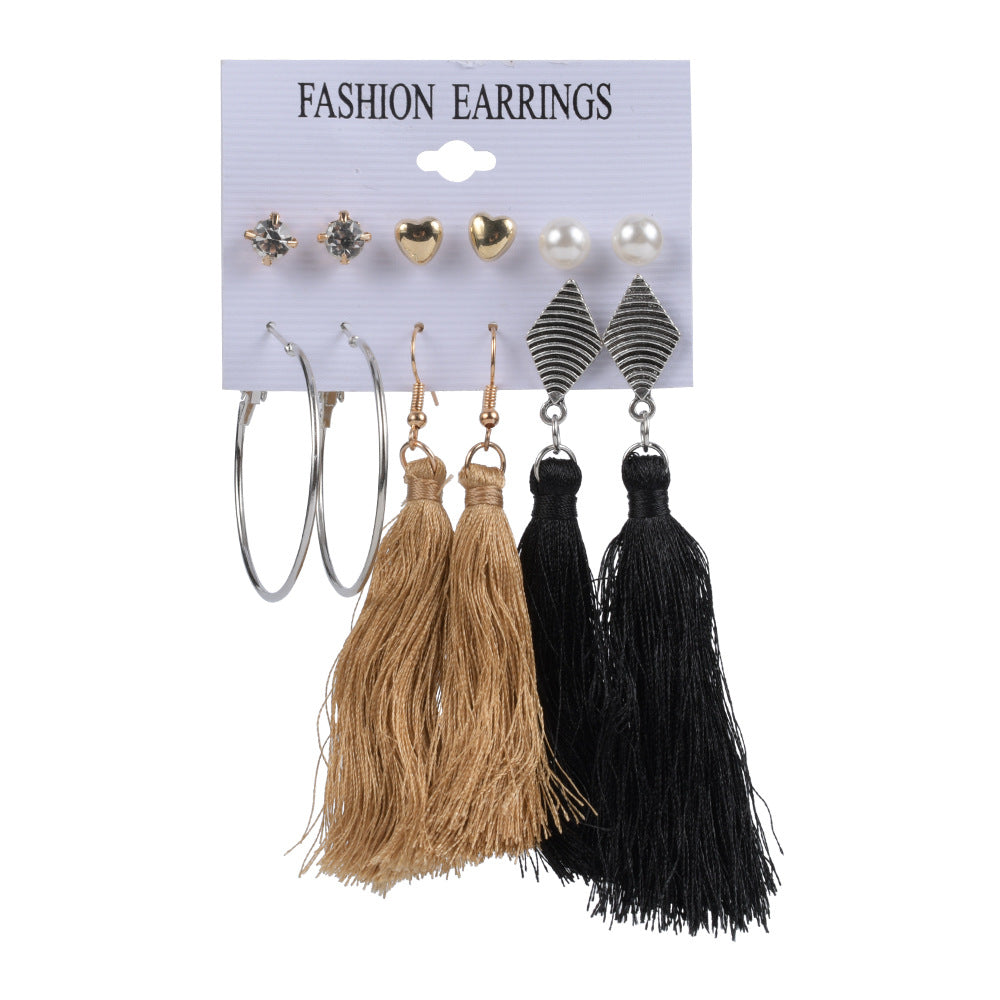 Bohemian Moon Triangle Tassel Earrings Set - 6 Pairs Fashion Statement Jewelry