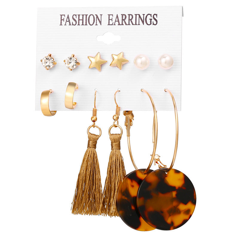 Bohemian Moon Triangle Tassel Earrings Set - 6 Pairs Fashion Statement Jewelry