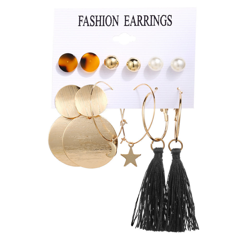 Bohemian Moon Triangle Tassel Earrings Set - 6 Pairs Fashion Statement Jewelry