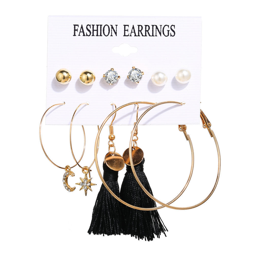 Bohemian Moon Triangle Tassel Earrings Set - 6 Pairs Fashion Statement Jewelry