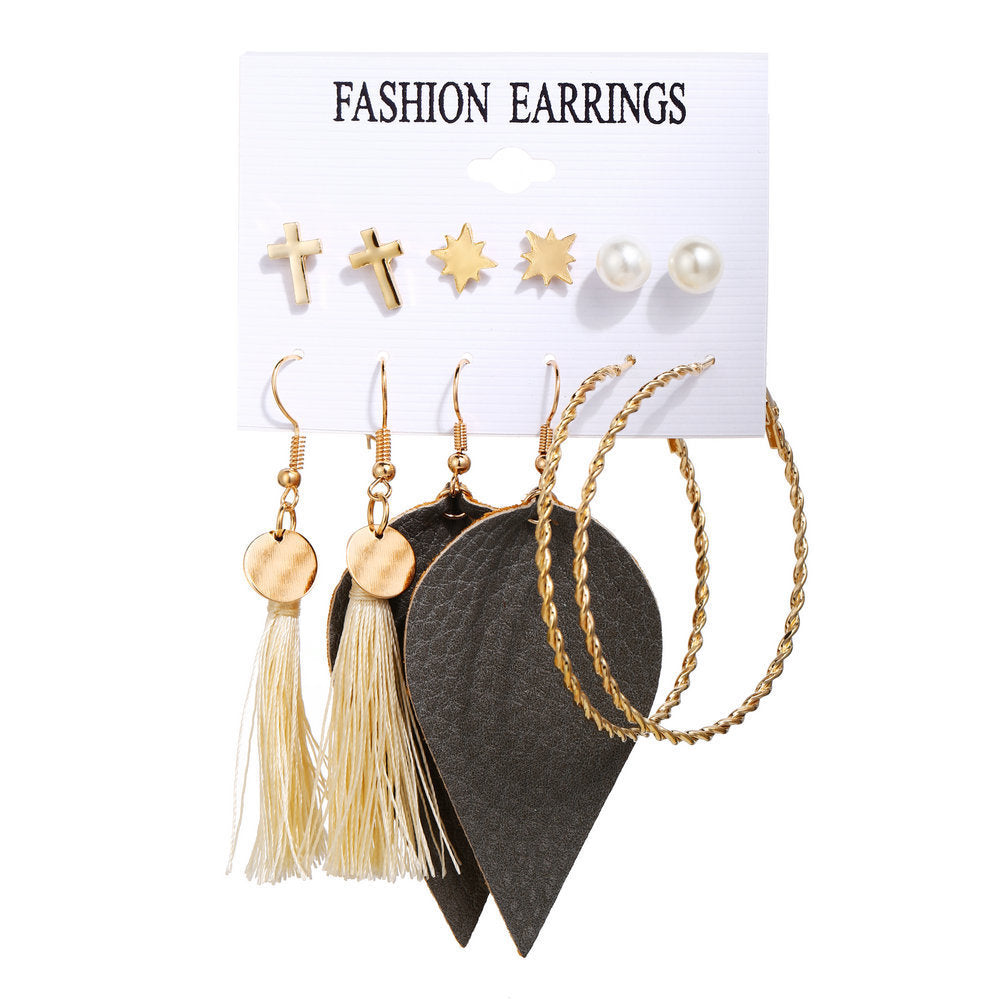 Bohemian Moon Triangle Tassel Earrings Set - 6 Pairs Fashion Statement Jewelry