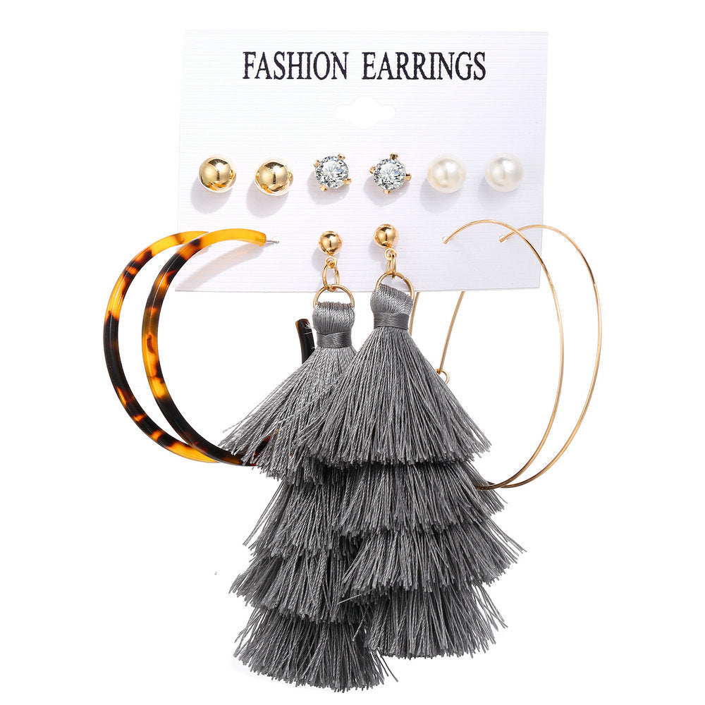 Bohemian Moon Triangle Tassel Earrings Set - 6 Pairs Fashion Statement Jewelry