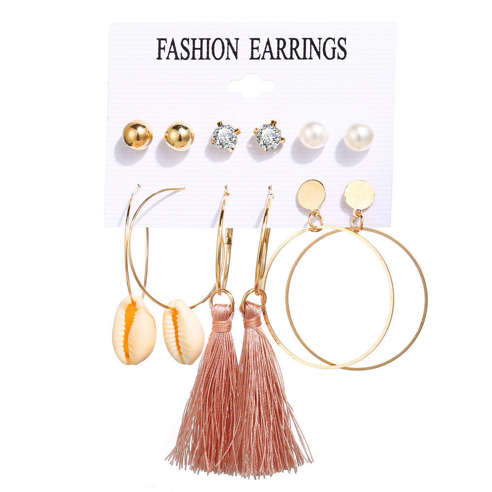 Bohemian Moon Triangle Tassel Earrings Set - 6 Pairs Fashion Statement Jewelry