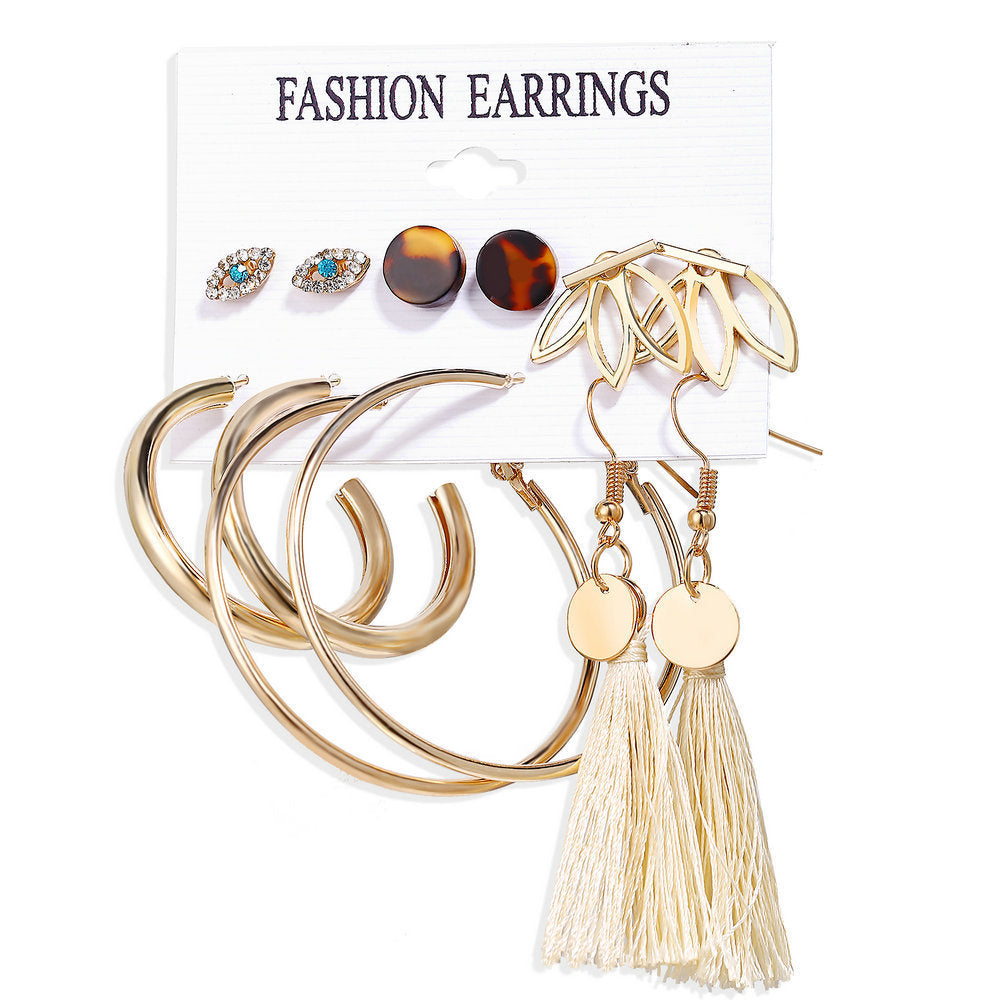 Bohemian Moon Triangle Tassel Earrings Set - 6 Pairs Fashion Statement Jewelry