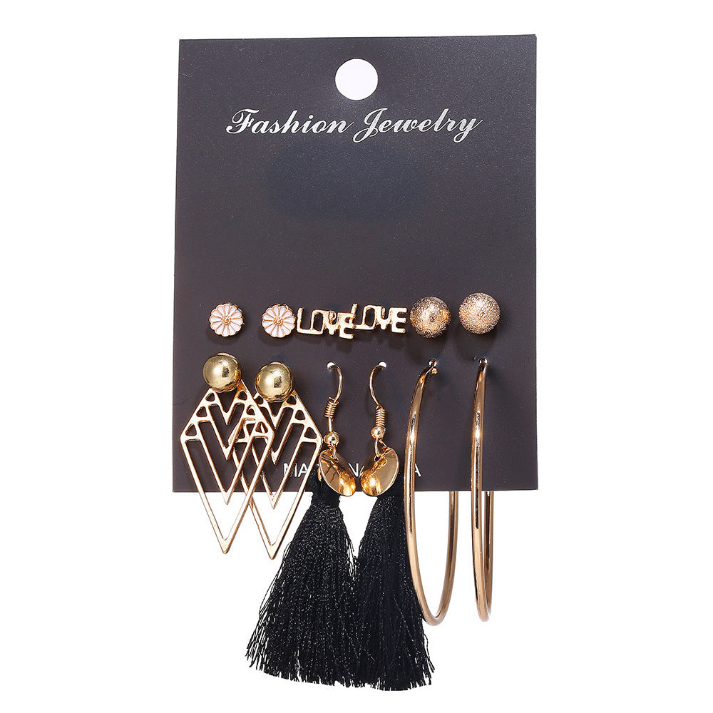 Bohemian Moon Triangle Tassel Earrings Set - 6 Pairs Fashion Statement Jewelry