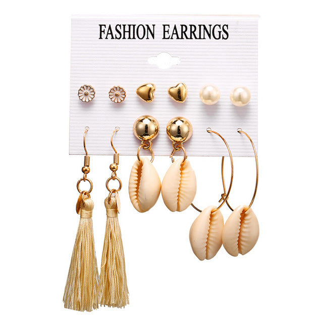 Bohemian Moon Triangle Tassel Earrings Set - 6 Pairs Fashion Statement Jewelry