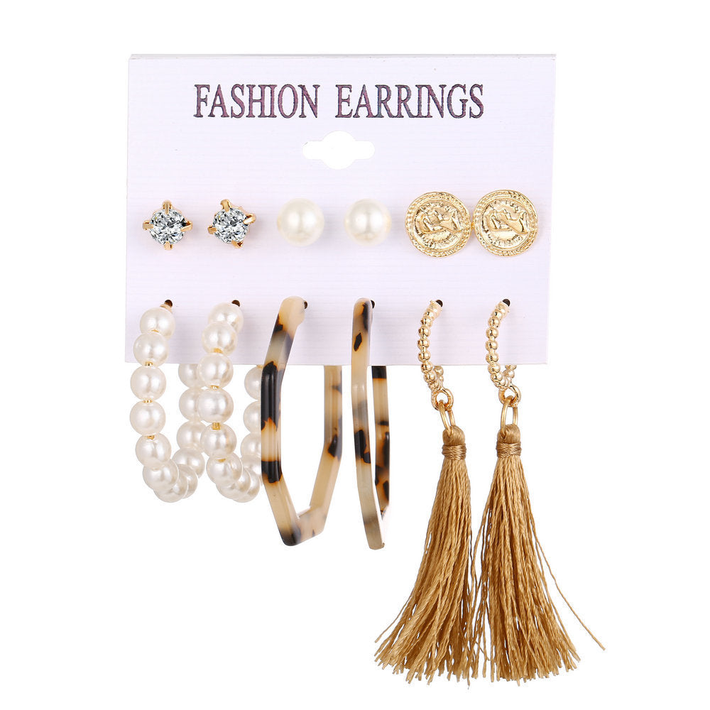 Bohemian Moon Triangle Tassel Earrings Set - 6 Pairs Fashion Statement Jewelry