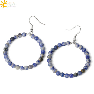 1 Pair Casual Vacation Round Beaded Alloy Natural Stone Crystal Hoop Earrings