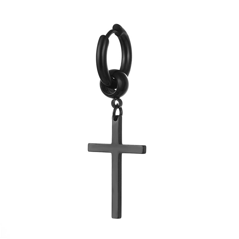 Simple Titanium Steel Cross Hoop Earrings for Men