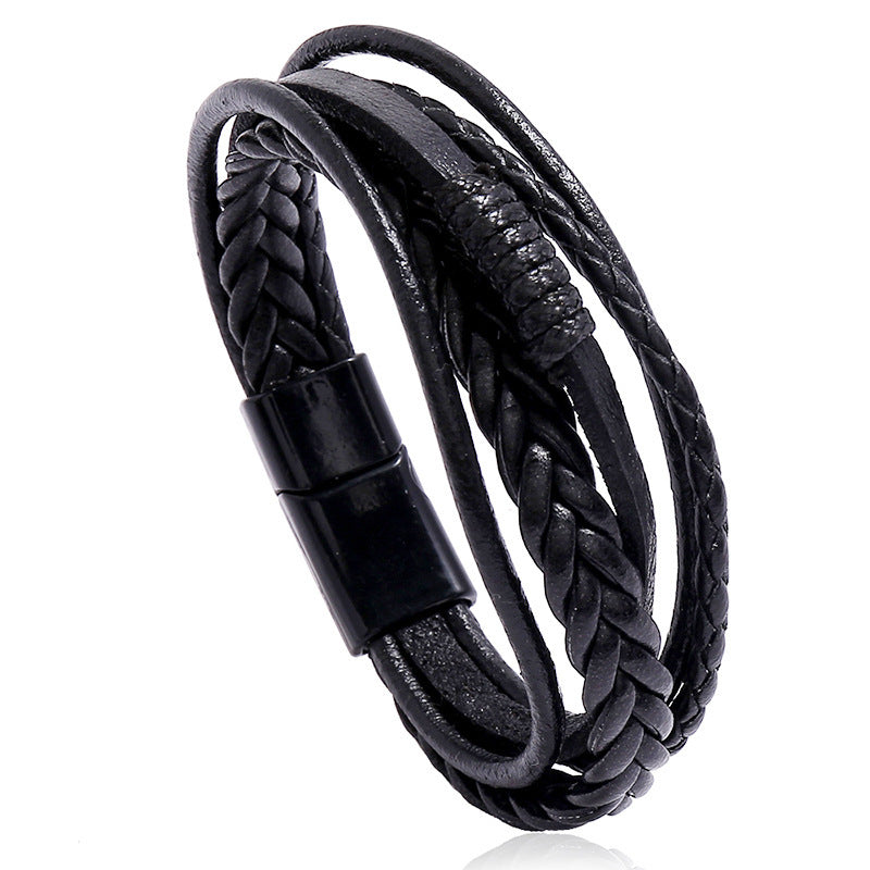 Retro Hand-woven Multilayer Leather Bracelet with Alloy Magnetic Clasp