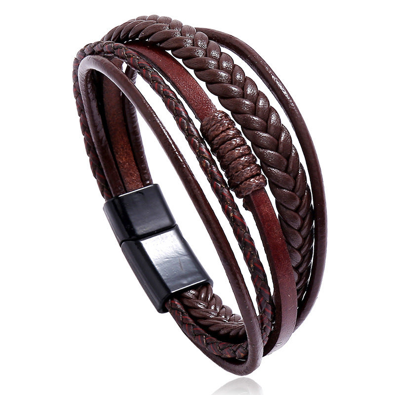 Retro Hand-woven Multilayer Leather Bracelet with Alloy Magnetic Clasp