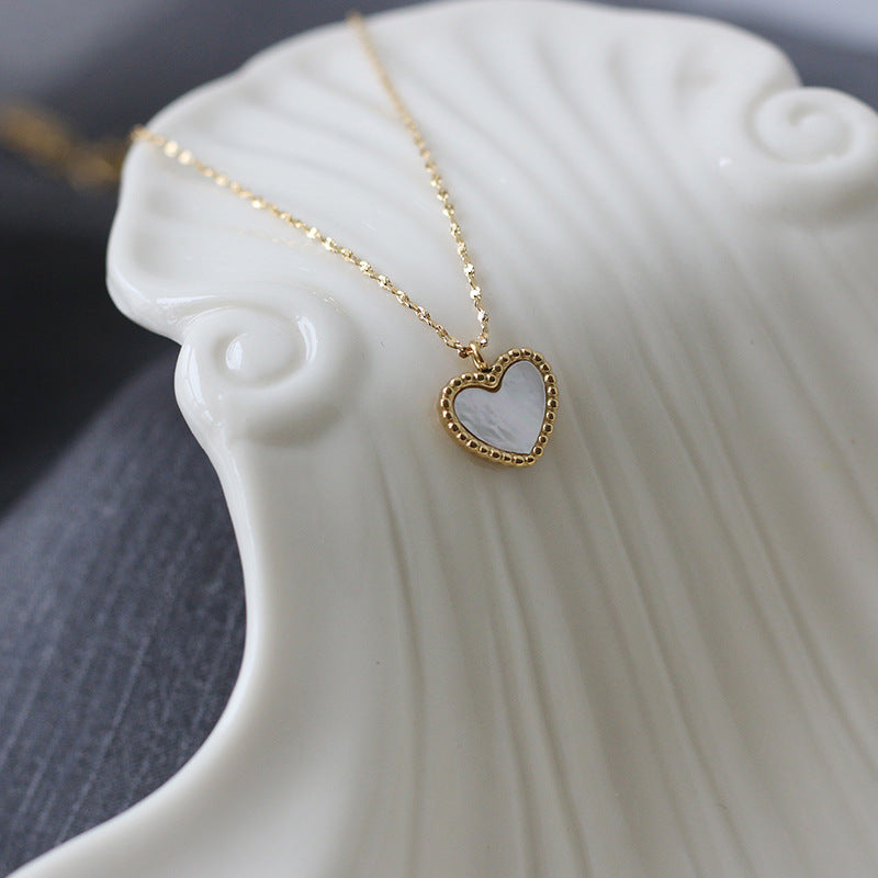Simple Heart Gray White Shell Titanium Steel Necklace with Starry Sky Design, 18K Gold Plated