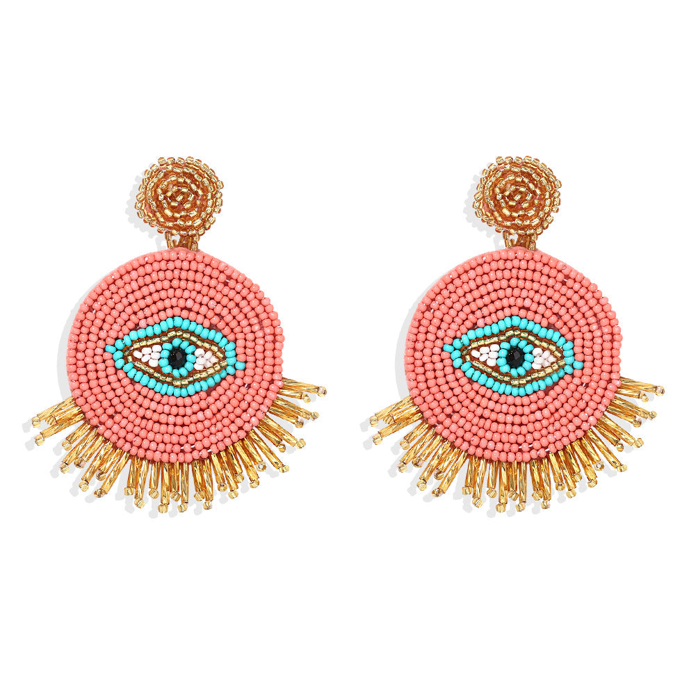 Handmade Bohemian Devil Eye Long Tassel Earrings with Rice Beads