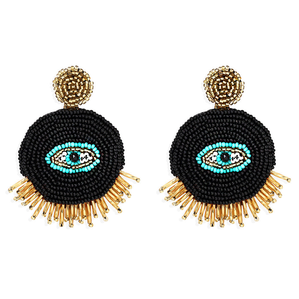 Handmade Bohemian Devil Eye Long Tassel Earrings with Rice Beads