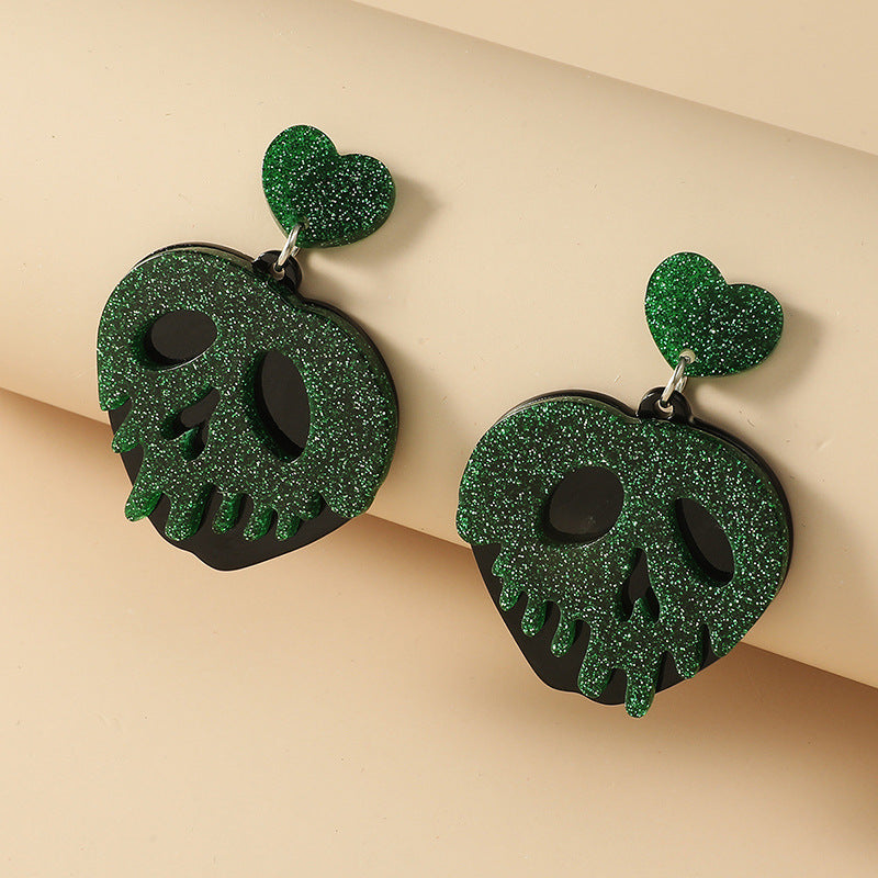 European American Retro Heart-Shaped Skull Pendant Earrings