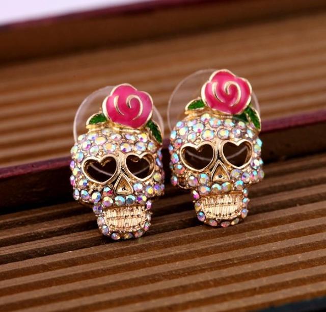 Novelty Alloy Skull and Rose Rhinestone Stud Earrings Set