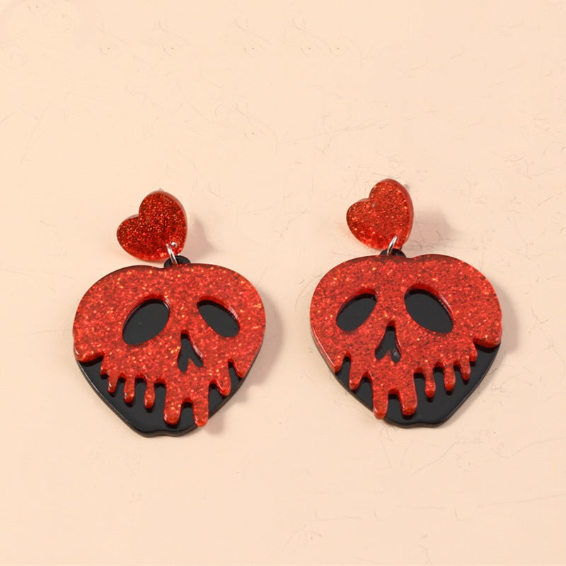 European American Retro Heart-Shaped Skull Pendant Earrings