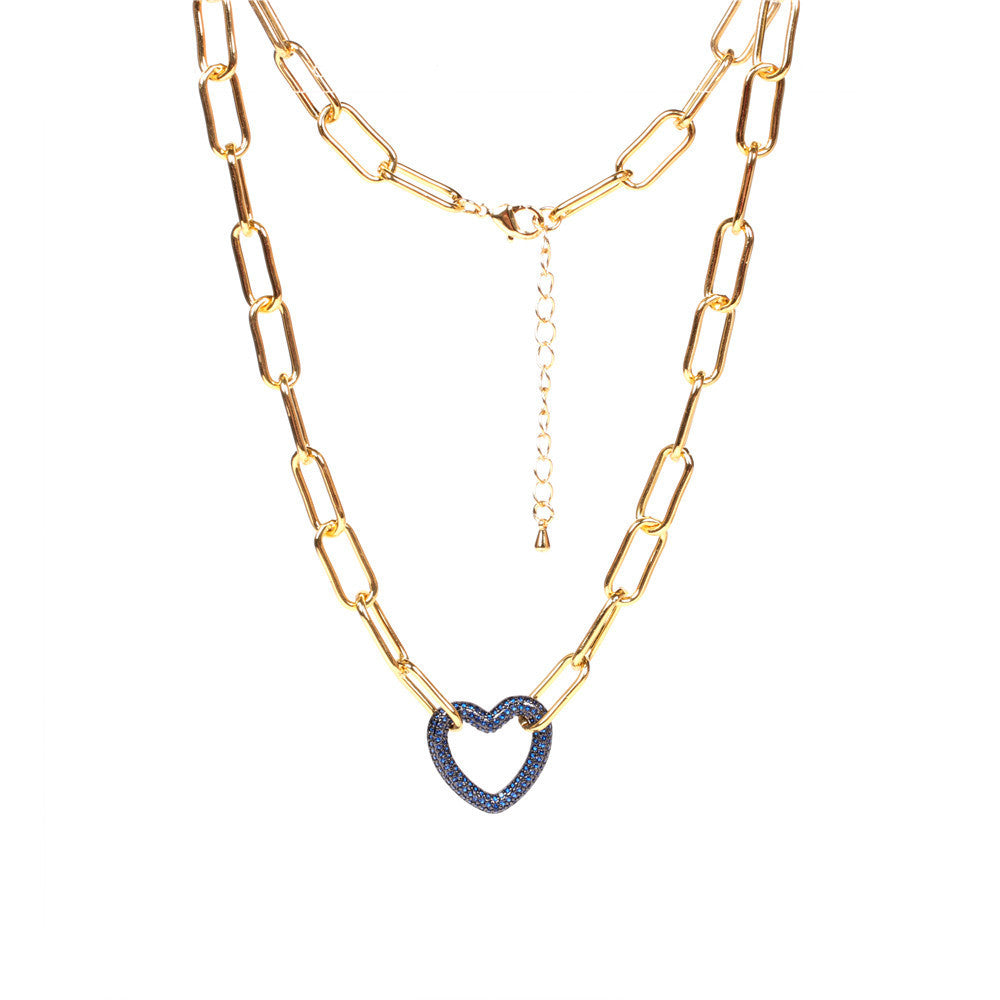 Colorful Heart-shaped Lock Pendant Thick Chain Necklace - Hip-hop Style