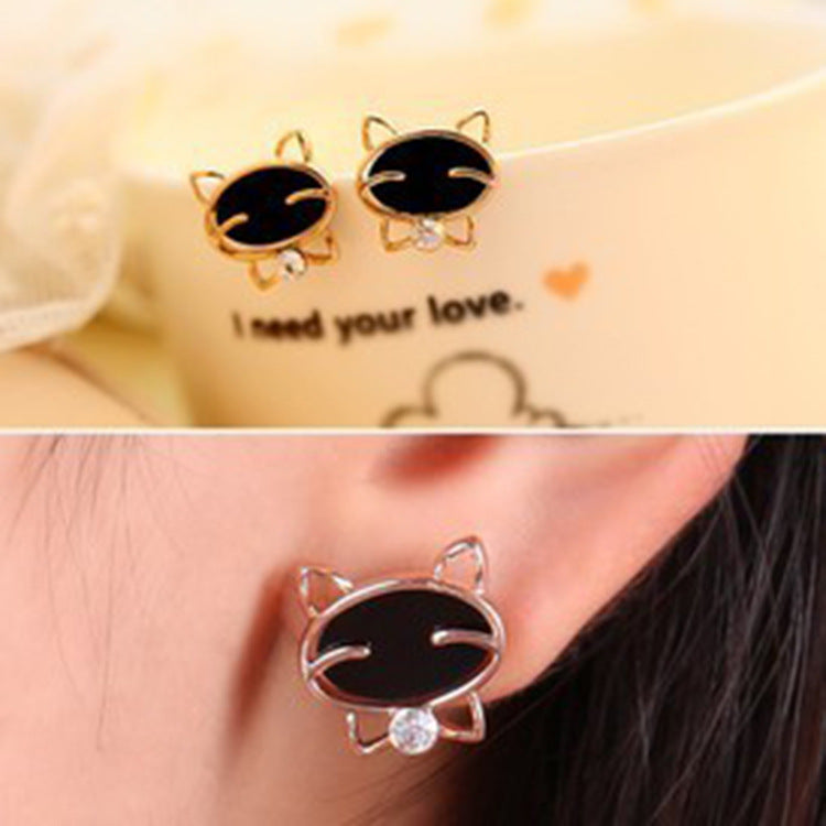 Fashion Black Smiley Cat Rhinestone Stud Earrings