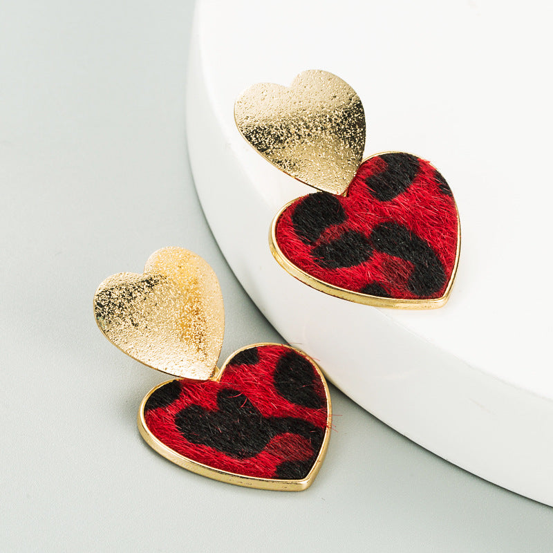 Leopard Print Heart-Shaped Frosted Alloy Earrings for Women