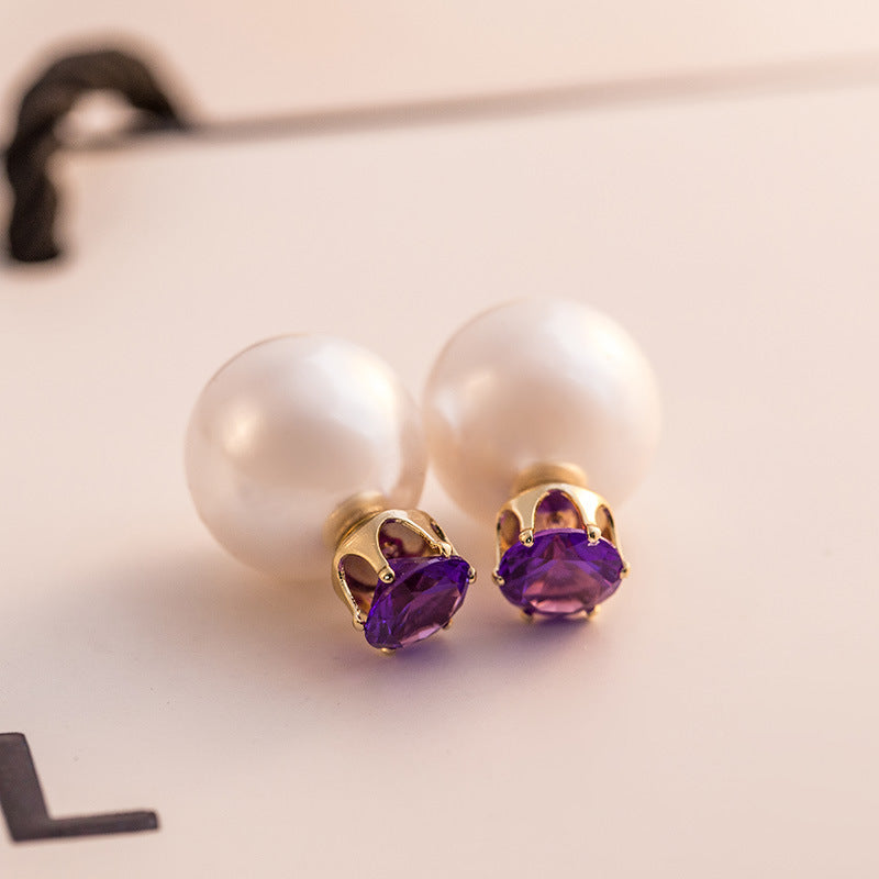 1 Pair Elegant Double-Sided Pearl Zircon Stud Earrings for Women