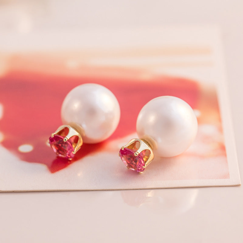 1 Pair Elegant Double-Sided Pearl Zircon Stud Earrings for Women