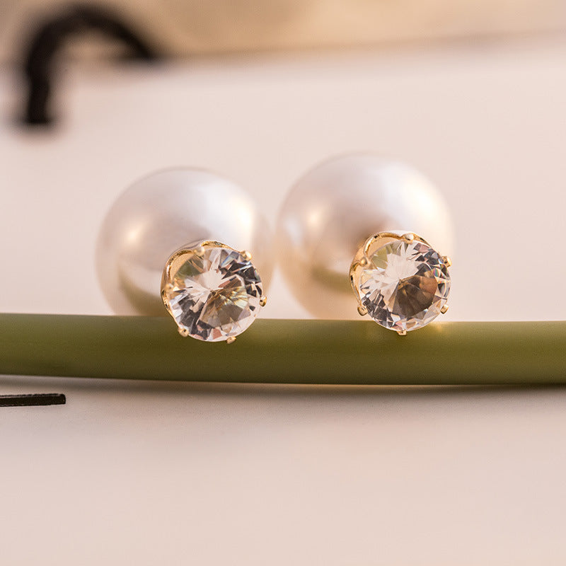 1 Pair Elegant Double-Sided Pearl Zircon Stud Earrings for Women