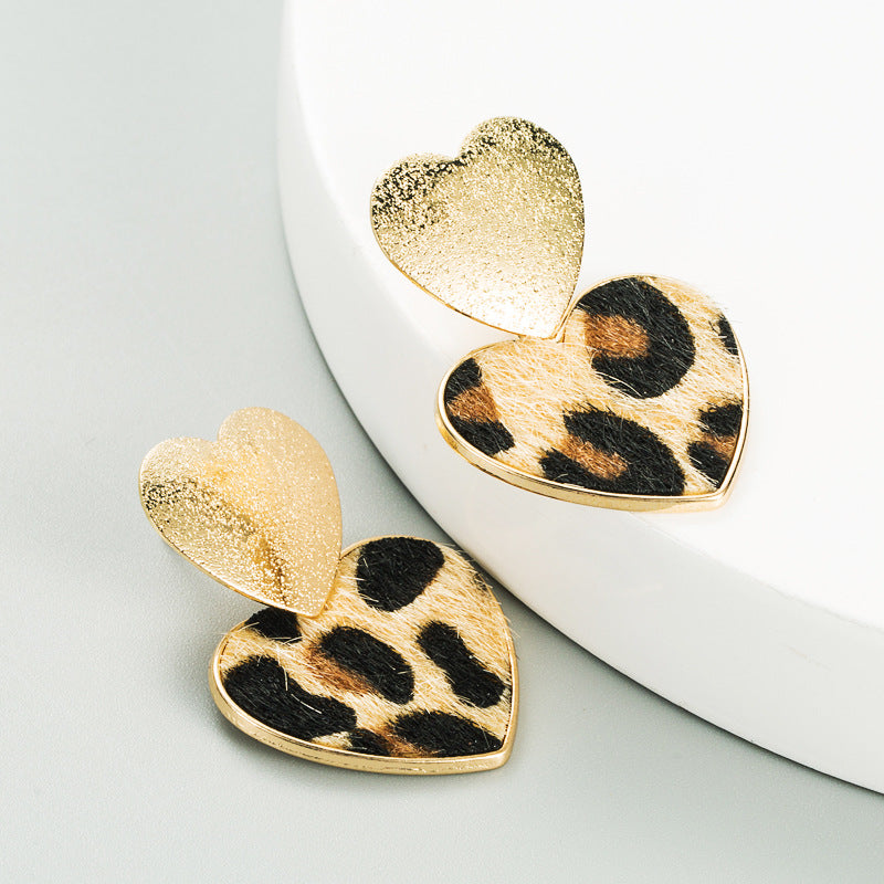 Leopard Print Heart-Shaped Frosted Alloy Earrings for Women