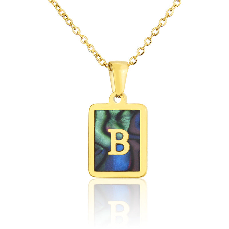 Stainless Steel Abalone Shell Square Pendant 26 Letter Necklace