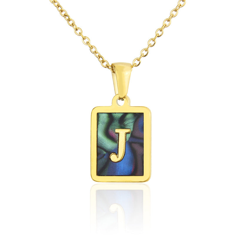Stainless Steel Abalone Shell Square Pendant 26 Letter Necklace