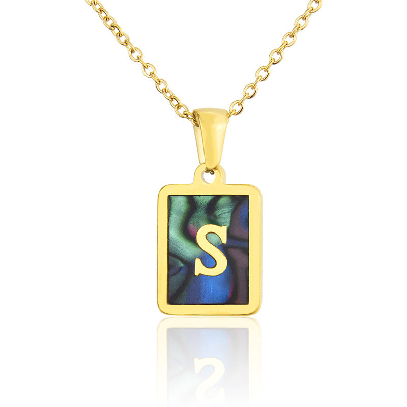 Stainless Steel Abalone Shell Square Pendant 26 Letter Necklace