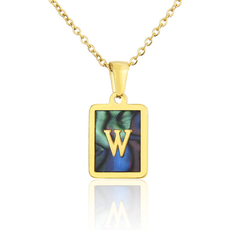 Stainless Steel Abalone Shell Square Pendant 26 Letter Necklace