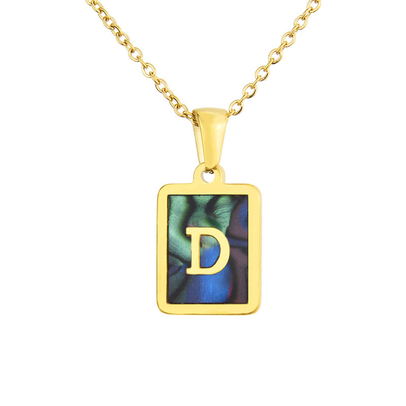 Stainless Steel Abalone Shell Square Pendant 26 Letter Necklace