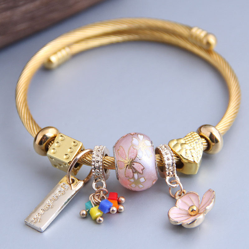 Adjustable Stainless Steel Heart Gemstone Crystal Flower Bracelet