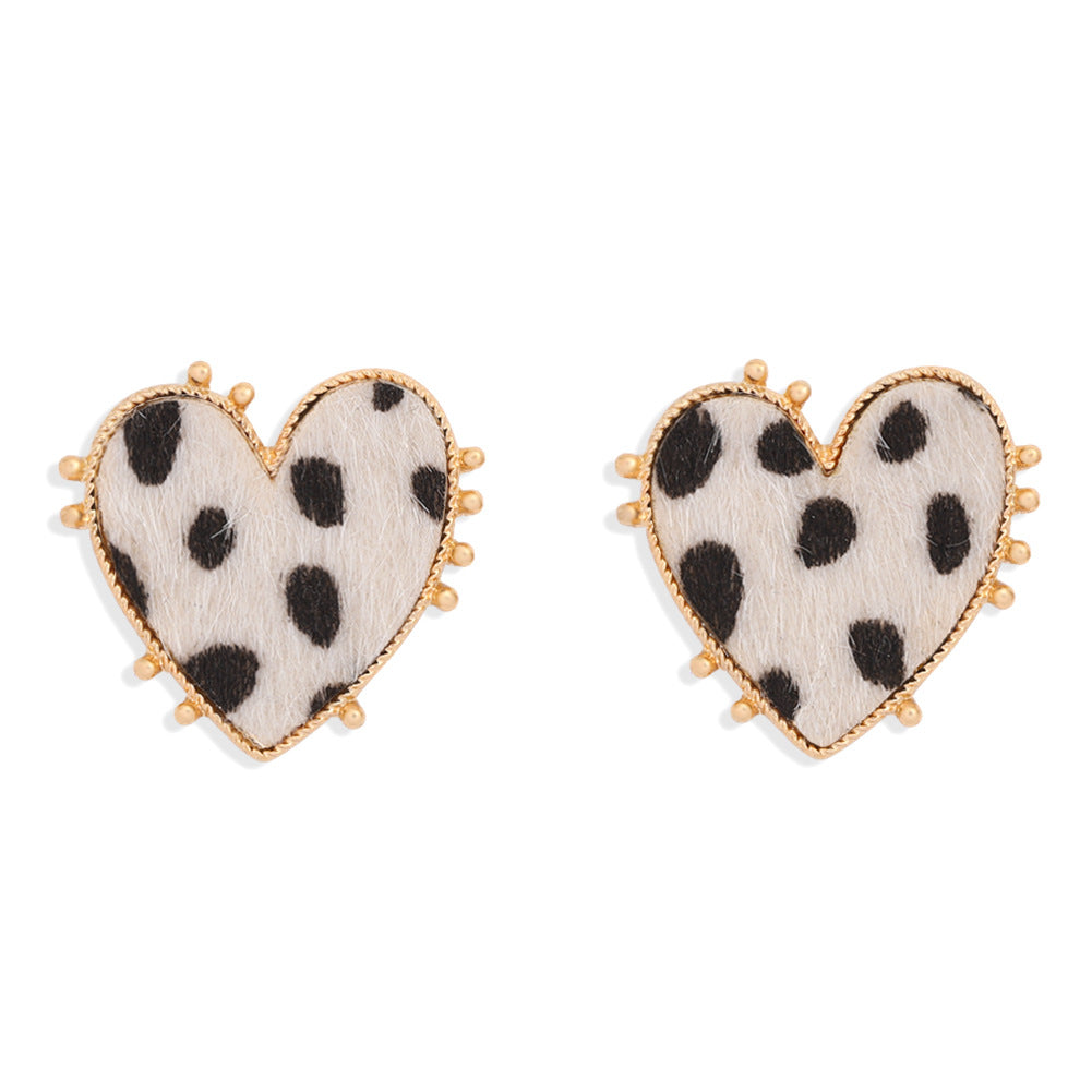 Retro Geometric Peach Heart Leopard Fabric Earrings