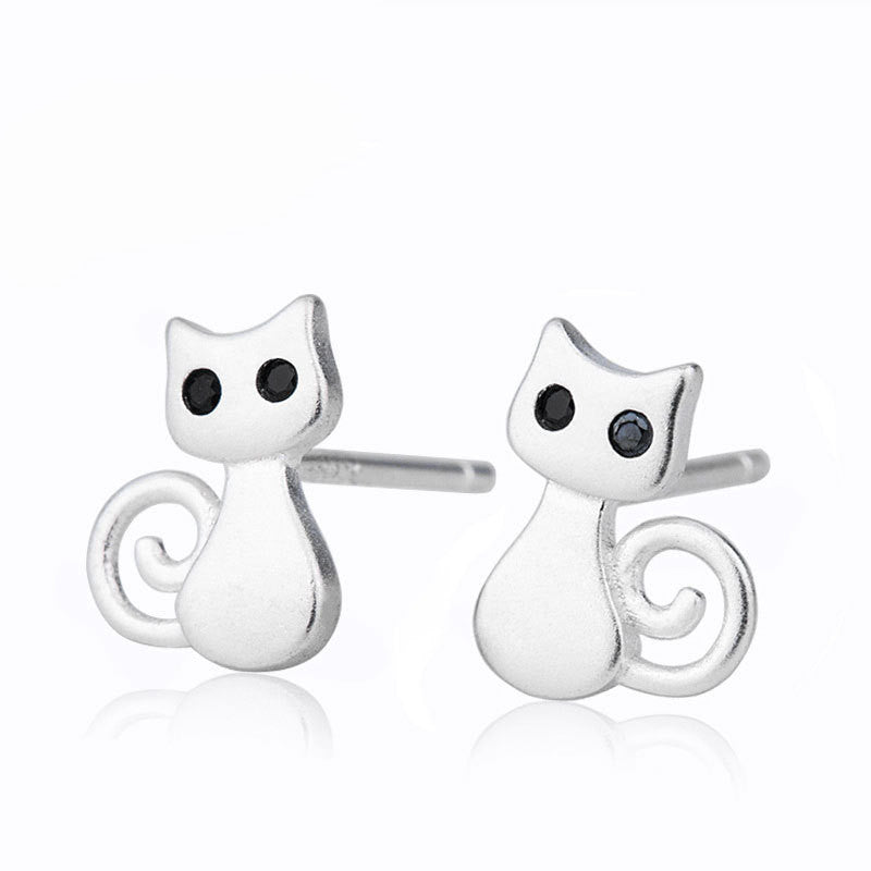 S925 Silver Cat Stud Earrings - Cute Matte Kitten Design for Women