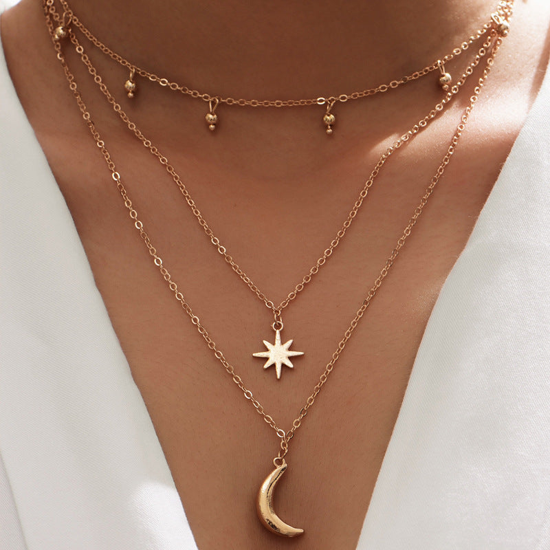 New Moon Gold Plated Star and Moon Layered Necklace for Women