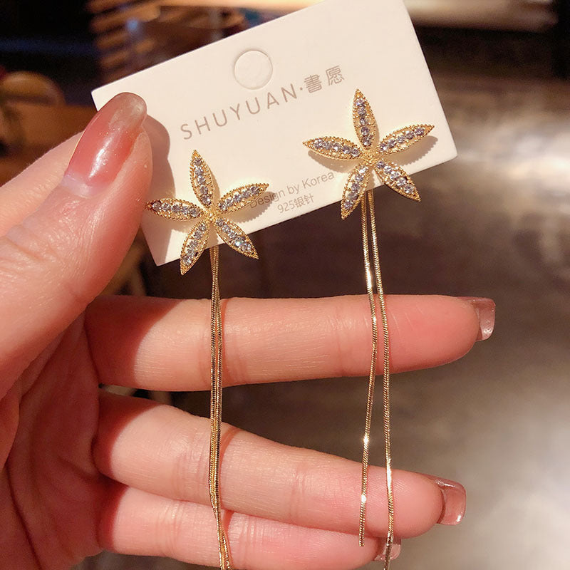 925 Silver Needle Diamond Five Petal Flower Long Tassel Earrings for Women