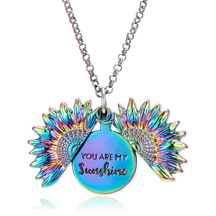 Sunflower Engraved Double-Sided Pendant Necklace